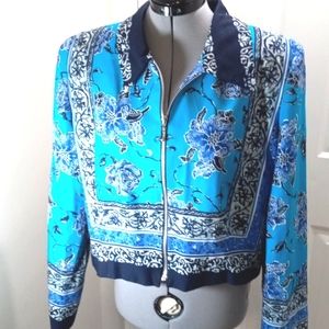 Tourquoise & Navy W/ Flowers Light weight cropped Jacket.   Sz L